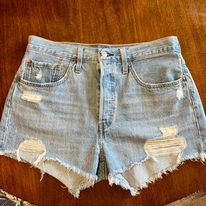 LEVIS Blue Jean High Waisted Distressed Shorts Size 30 Button Fly Short 10